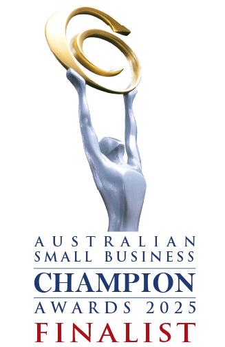Logo for Australian Small Business Champion Awards 2025 Finalist with a stylized figure holding an award.