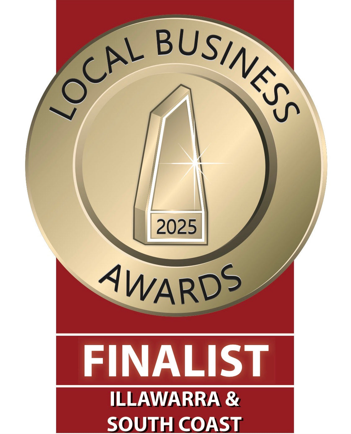 Gold medal with 'Local Business Awards 2025' text on a red and white background